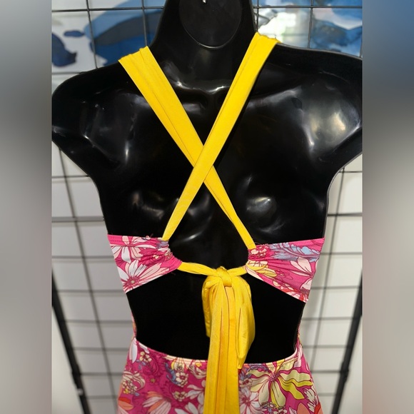 Pink Floral Cut Out Yellow Self Tie Back Closure Midi Dress - Picture 12 of 15